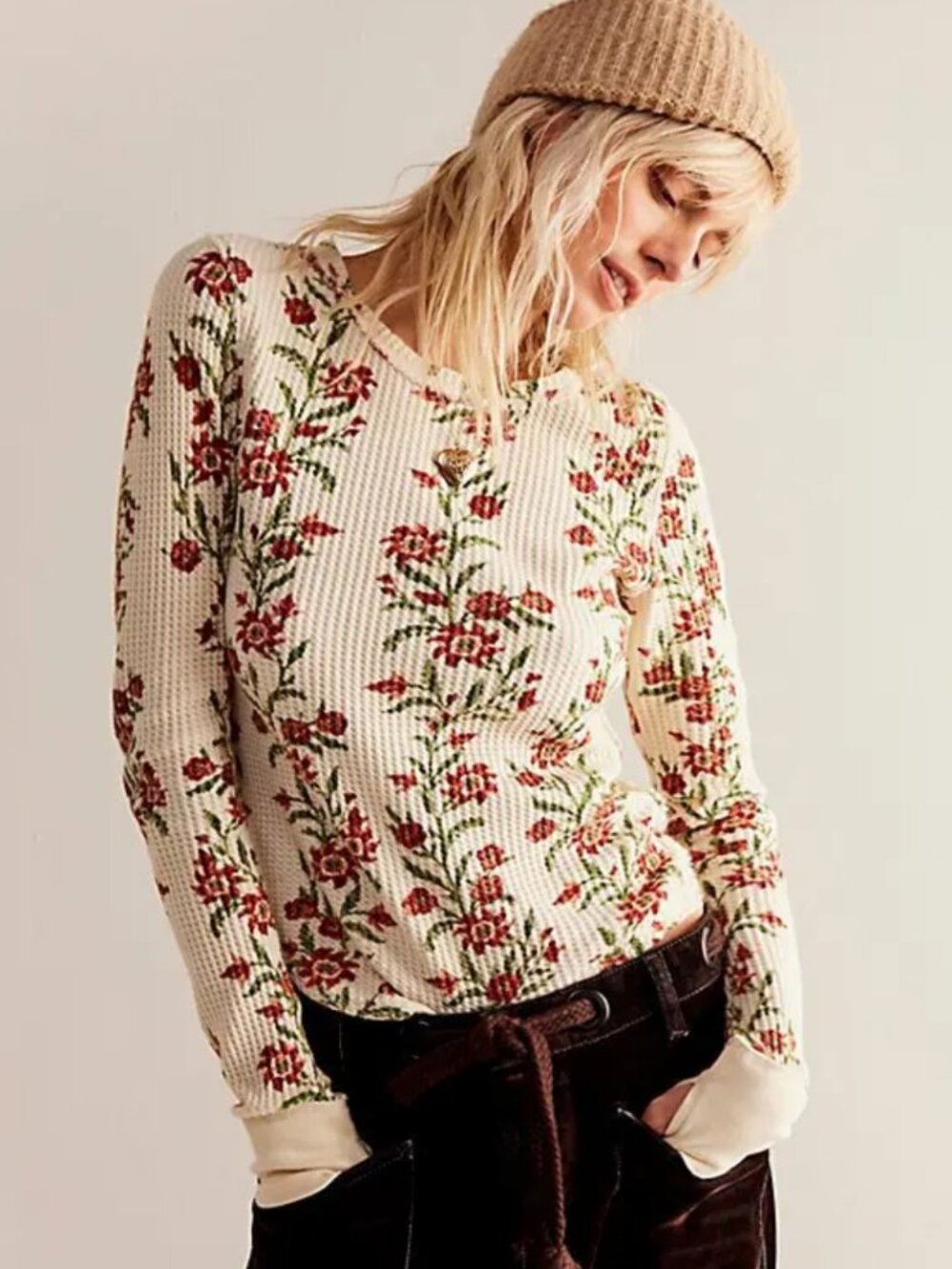 NWT Free People Pretty Little Thermal in Sand Combo Folk Vine